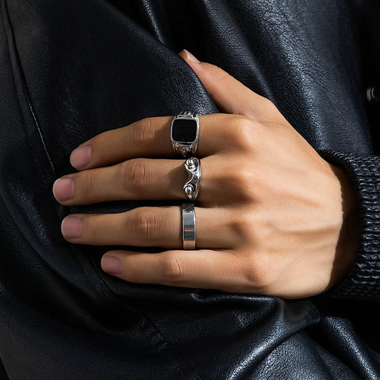 Conjunto Punk Drip – 3 Anéis Geométricos de Aço Inoxidável para Estilo e Atitude
